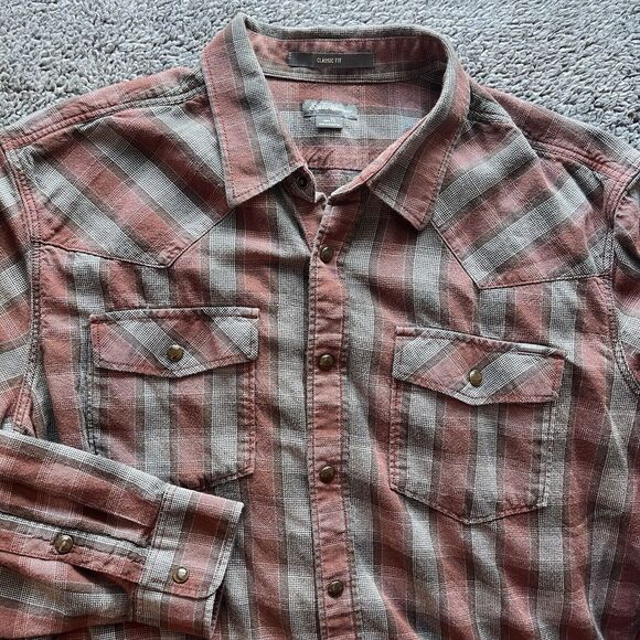 Eddie Bauer Red Brown Gray Plaid‎ Pearl Snap Cotton Flannel Mens L Tall - Picture 1 of 8